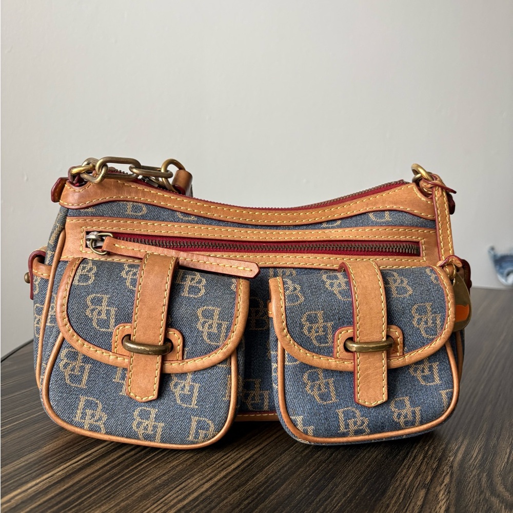 Dooney & Bourke Denim Leather Double Pocket Shoulder Bag